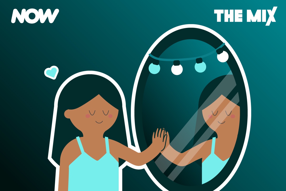 Graphic shows a young person looking at their reflection in the mirror, thinking about how to build their self-esteem