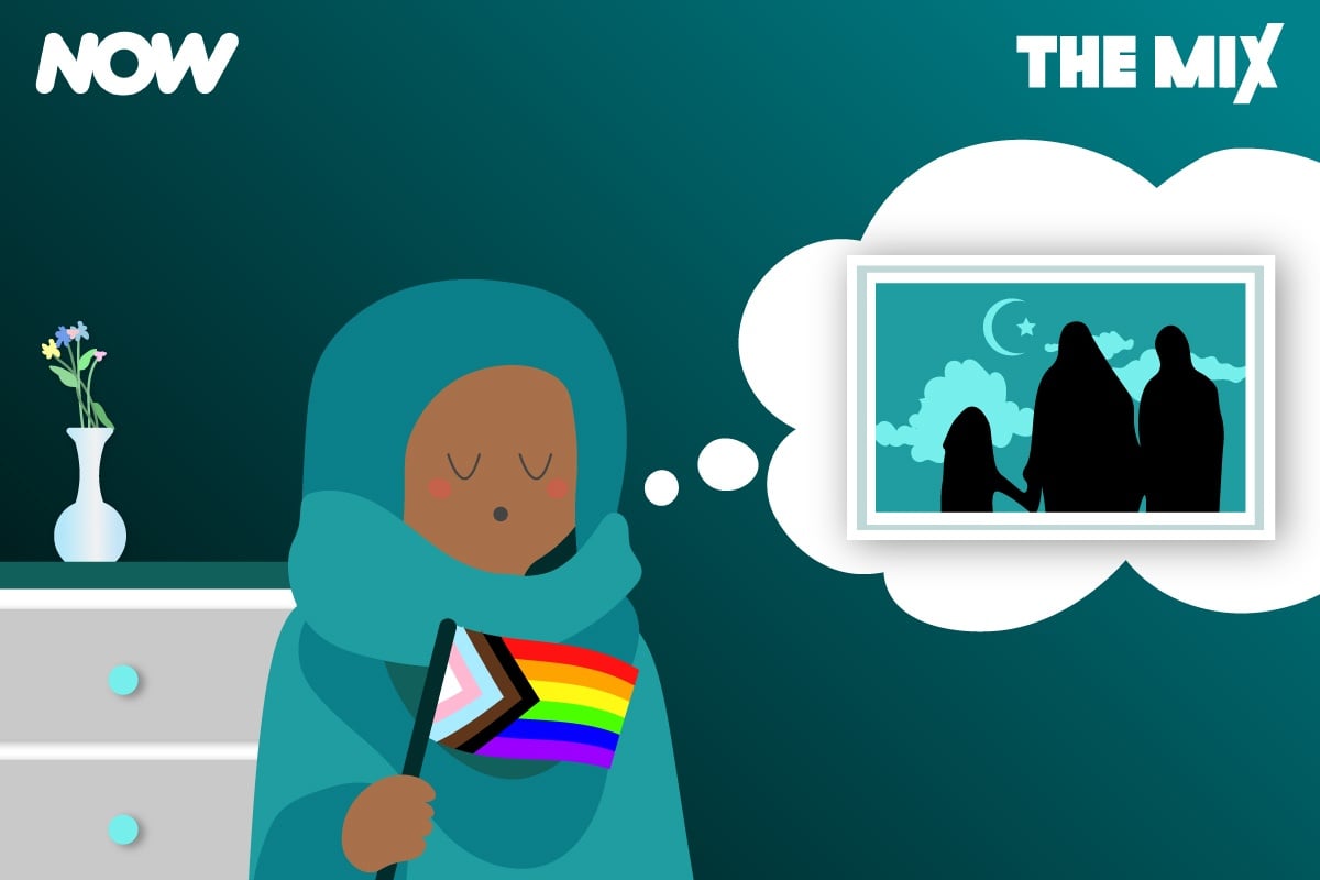Graphic shows a young person in their bedroom who is wearing a headscarf and waving a pride flag. There's a thought bubble showing they are thinking about coming out to their religious family