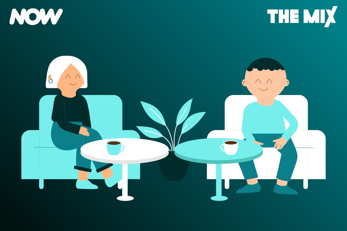 Graphic shows two young people making friends. They are sitting talking and drinking tea