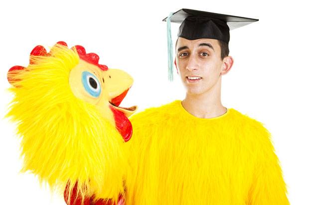 Graduate in chicken suit