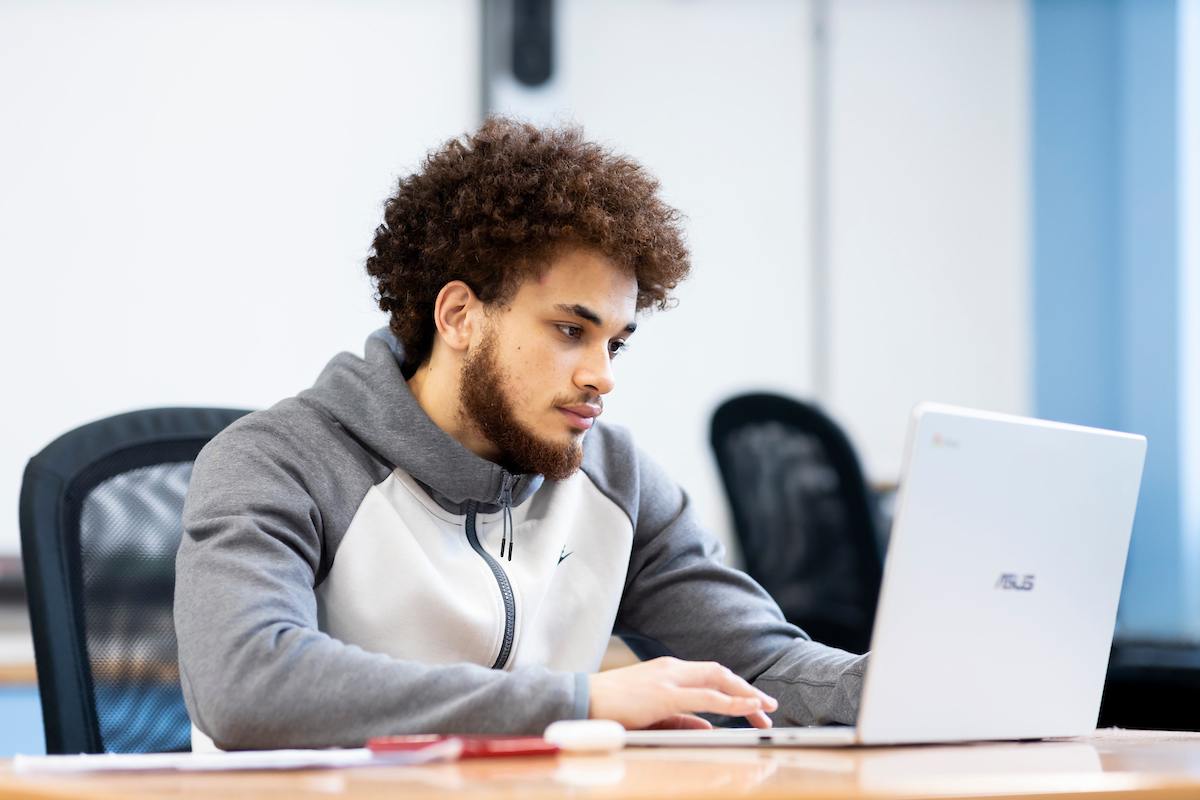 A young man is sitting at his laptop. He is wearing a grey hoodie. He is looking up Magic Mushrooms. This is a wide-angle image.