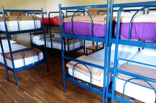 The inside of a youth hostel dorm with empty bunk beds