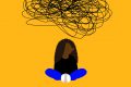 Graphic shows a young person sitting alone with a black cloud above her head, representing loneliness