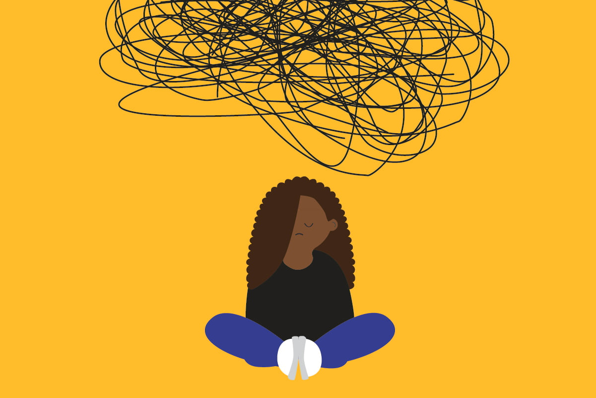 Graphic shows a young person sitting alone with a black cloud above her head, representing loneliness