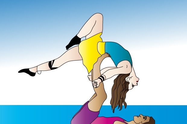 Illustration of a man holding up a woman just with his feet.