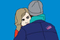 illustration of girl cuddling man but her eyes are looking into the distance.