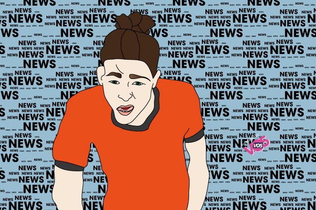 The word news repeated as a background image. Foreground is an illustration of a teen in an orange top looking a little distressed