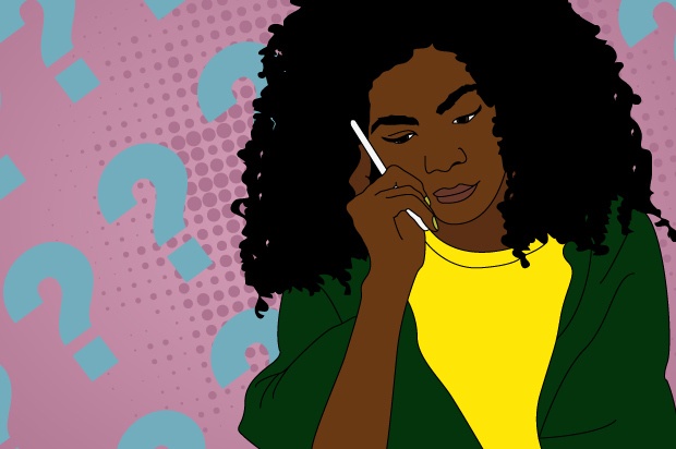 An illustration of a woman on the phone wearing a yellow t-shirt and a green jumper