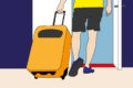 Illustration shows the lower half of someone wearing grey shorts wheeling a suitcase