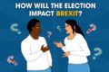 An illustration of two young people talking with question marks around them. The text above reads "How will the election impact Brexit?
