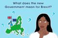 Illustration of a young woman looking at a map of Britain and Europe. The text above reads: "what does the new government mean for Brexit?"