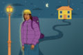 Illustration shows a young person in a purple jacket and a yellow hat. They are walking away from a house at night time