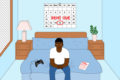 Illustration shows a young person sitting on the edge of their bed. Behind them is a calendar showing that rent is due in a few days.
