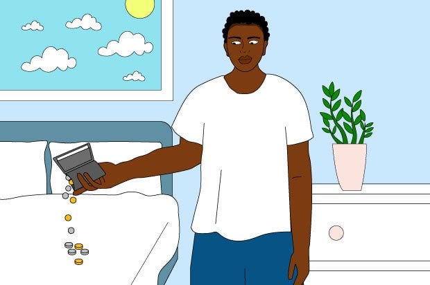 Illustration shows a young man standing in his bedroom tipping coins onto his bed