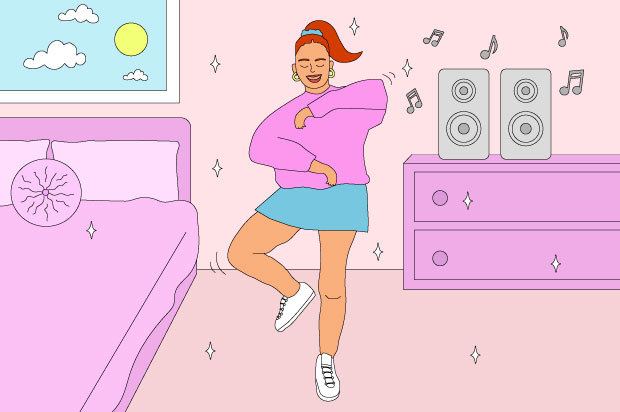 Illustration shows a young woman looking happy whilst dancing in her room
