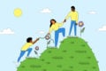 Illustration shows three young people helping each other up a hill in the sunshine