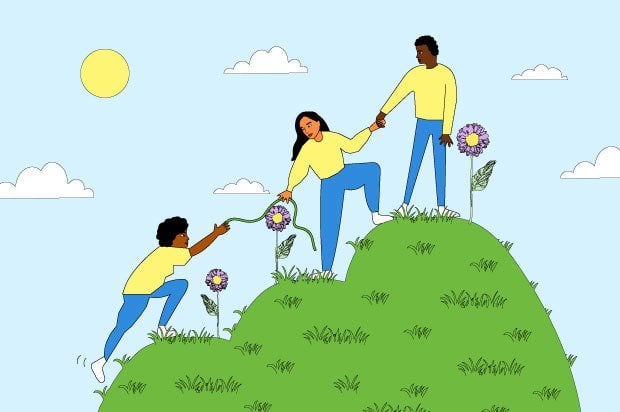 Illustration shows three young people helping each other up a hill in the sunshine