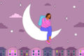 Illustration shows a young woman sitting on the moon looking down at the city. She is wearing a rucksack.
