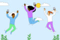 Three young people are jumping into the sky holding their phones, with happy expressions