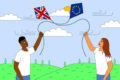 Illustration shows two young people flying kites; one is a Union Jack and one is an EU flag