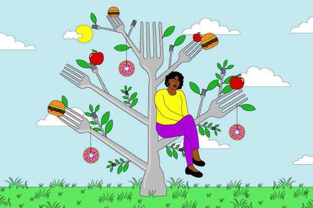 Illustration shows a young person sitting in a tree made of forks, with both food and leaves growing from it