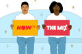 Illustration shows two young people sitting on a sofa holding signs that say "NOW TV" and "The Mix"