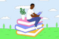 Illustration shows a young person sitting on a huge pile of books reading