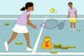 Illustration shows a young person and an older person playing tennis with coins. There are coins and money bags on the floor around them.