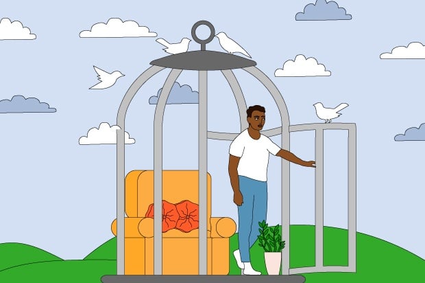 Illustration shows a young person walking out of a cage, as a bird sits on the door. There are blue skies behind them.