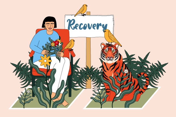 Illustration shows a young person holding flowers, as well as a tiger with a bird sitting on it.