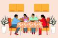 Illustration shows a South Asian family sitting around the dinner table