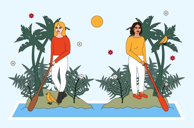 Illustration shows two young people, drifting away from each other on separate islands