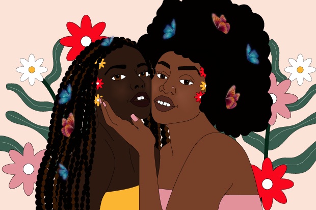 Illustration shows two young people with dark skin hugging each other