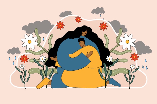 Illustration shows two young people hugging; they are surrounded by plants and flowers