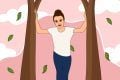 Illustration shows April Kelley standing between two trees against a pink background