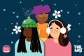 Three young people are wrapped up in warm clothes in a winter scene, representing the challenges young LGBTQ+ people may face at Christmas.