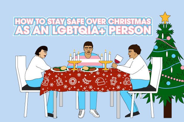 A family sit around the table at Christmas. The test above reads: "How to stay safe over Christmas as an LGBTQIA+ person