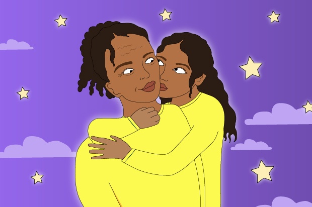Two young people are hugging against a purple background