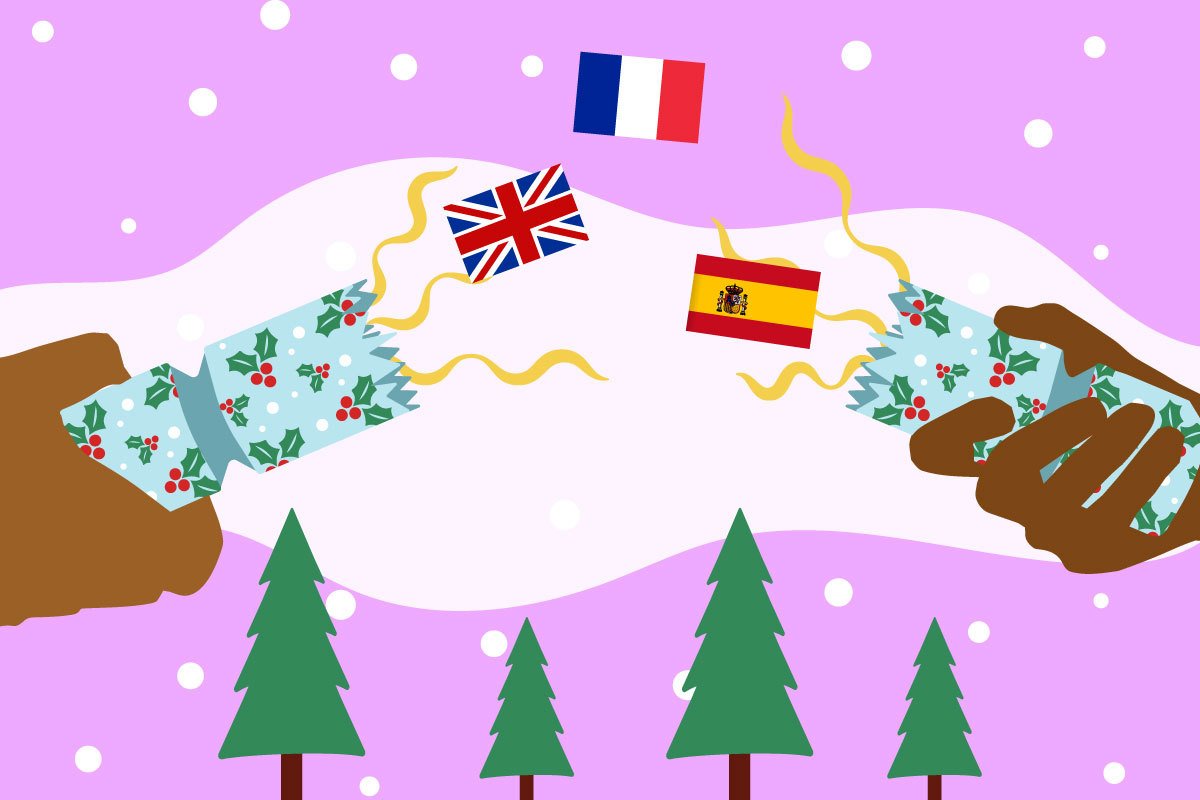 Graphic shows a cracker being pulled and the Italian, French, Spanish and Japanese flags coming out of it. This is to represent Christmas in different cultures