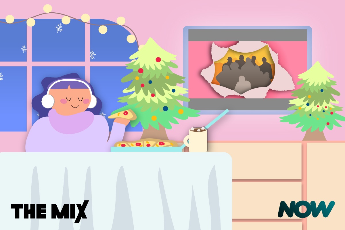 Graphic shows a festive scene with a young person at a table eating, a Christmas tree behind them and This Christmas playing on the TV screen