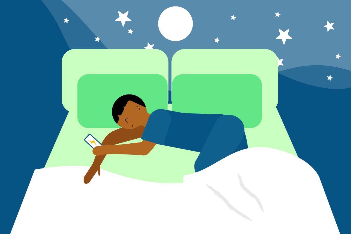 Graphic shows a young person in bed having problems with their sleep. they are on their phone and the background is a starry night sky.