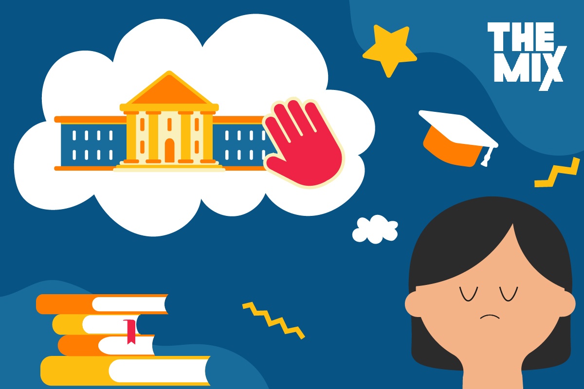 Graphic shows a young person who is thinking about rejection from their chosen university. The thought bubble above their head shows a university building with a red hand in front of it. On the left hand side is a pile of books.