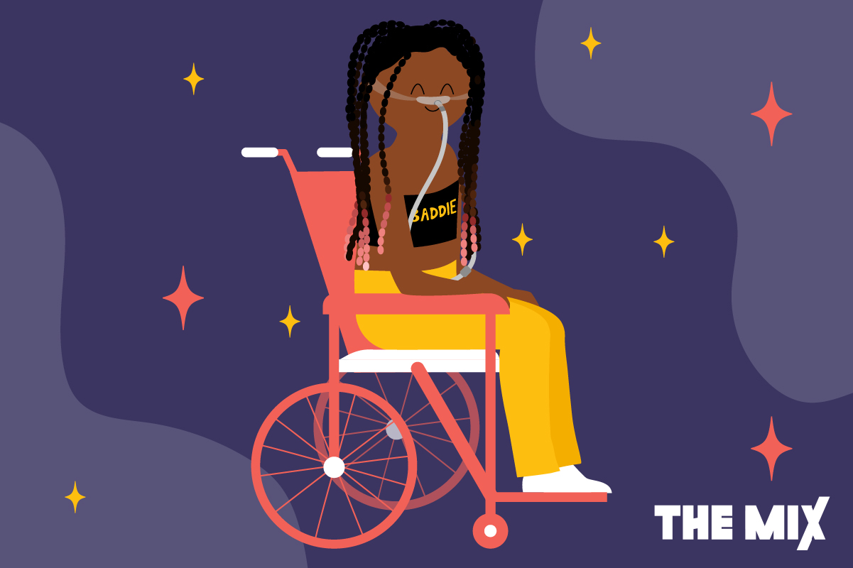 Graphic shows Shelby wearing yellow trousers and a black top that says "baddie". She is sitting in a pink wheelchair and has pink stars around her