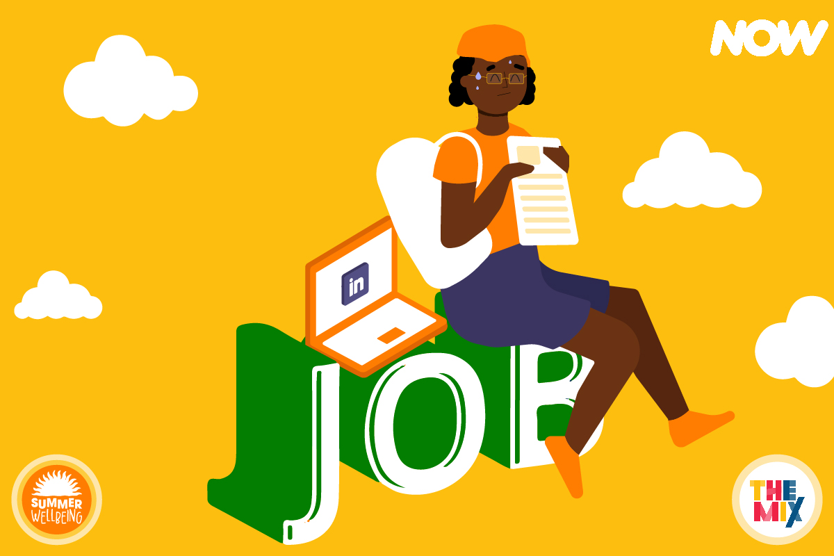 A young person is sitting on giant 3D green letters that say: "Job". There is a laptop next to them and they are holding a CV to represent looking for a first job. The backgrop is an orange sky with white clouds.