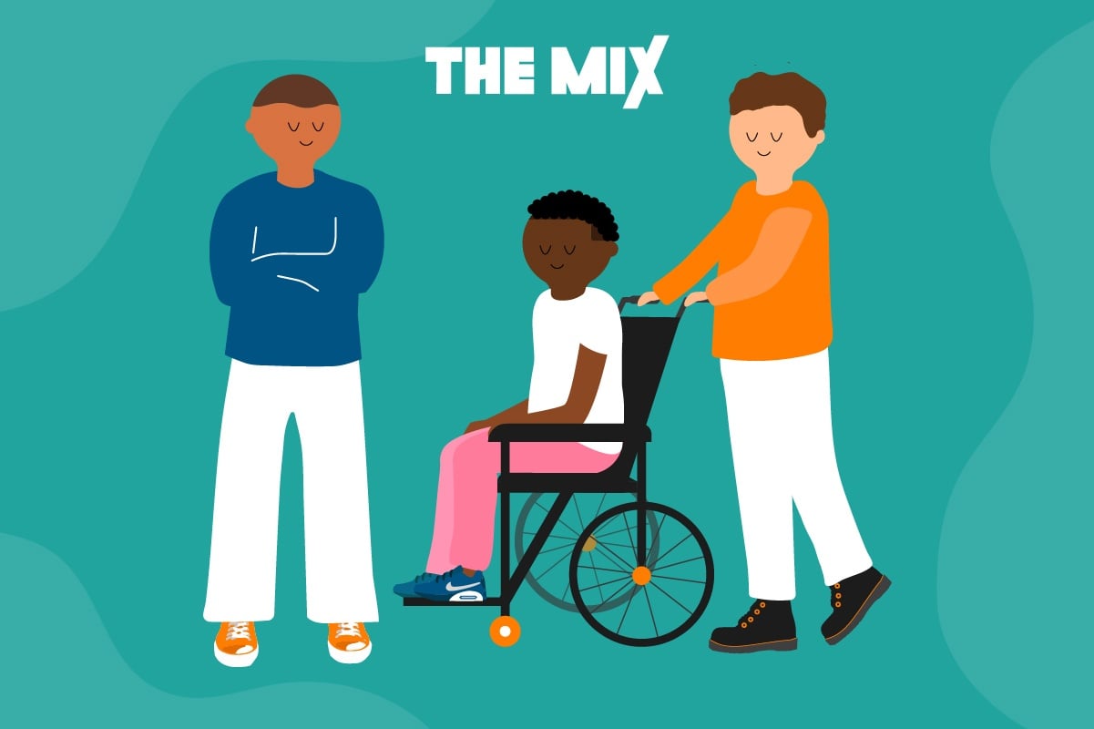 Three young men are together in a group against a green background. Two of them are standing and wearuing white, blue and orange colours and one is sitting in a wheelchair wearing white and pink.