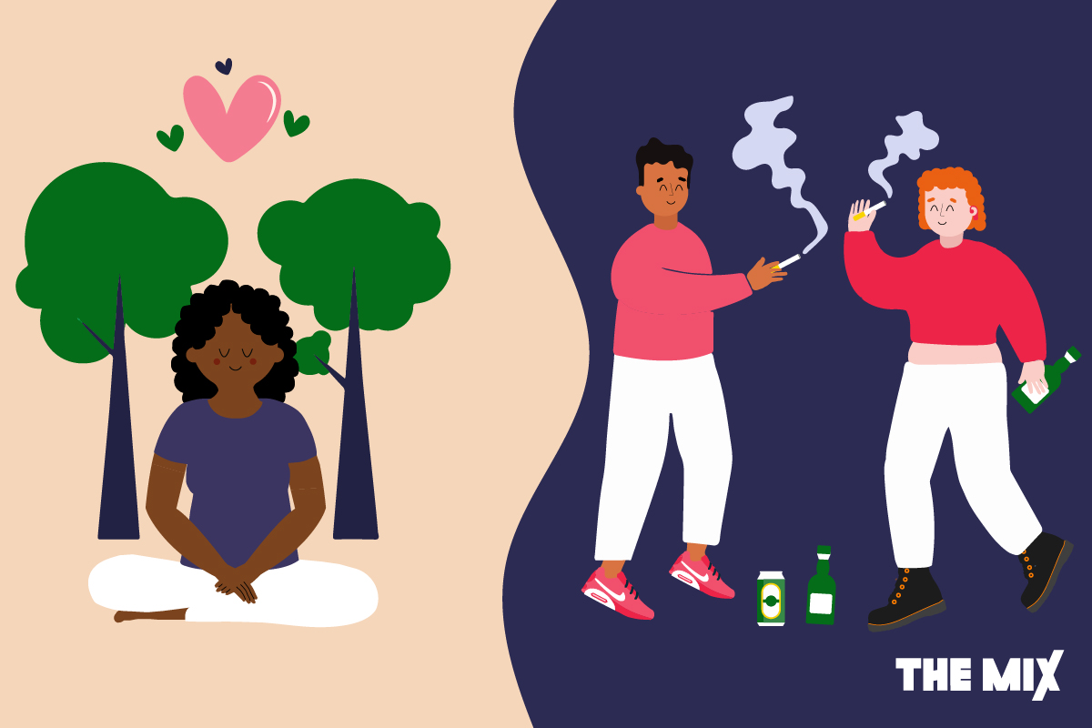 The image is split in two: the left side shows a young person sitting under some trees looking relaxed. The other side shows two young people smoking and drinking. This represents the choice to go teetotal or party less