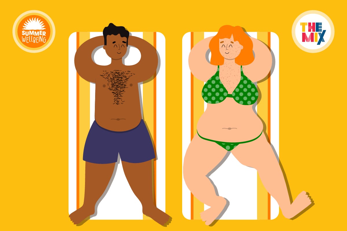 Two young people are lying on sunloungers looking happy and comfortable, representing the idea that you can get support for body image issues. The background is a warm orange colour