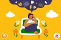 A young person is sitting in a chair surrounded by flowers. Above them is a cloud full of broken hearts and lightning bolts, representing someone who needs mental health support