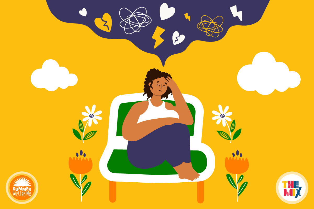 A young person is sitting in a chair surrounded by flowers. Above them is a cloud full of broken hearts and lightning bolts, representing someone who needs mental health support