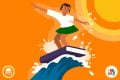 A young person is surfing on a book against an orange background, representing the journey of building resilience